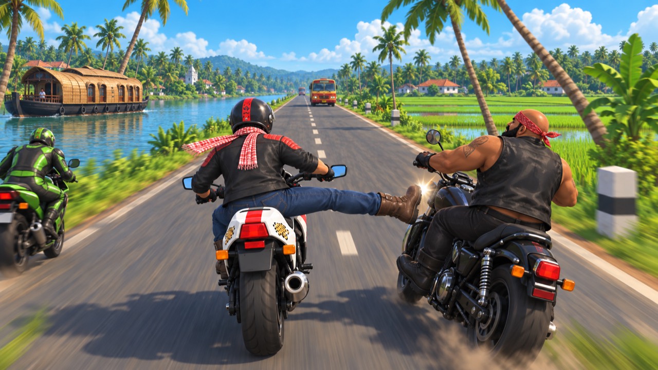 A rider in a red-checked scarf kicks a rival biker on a Kerala backwater road, with a houseboat, palms and a bus behind them