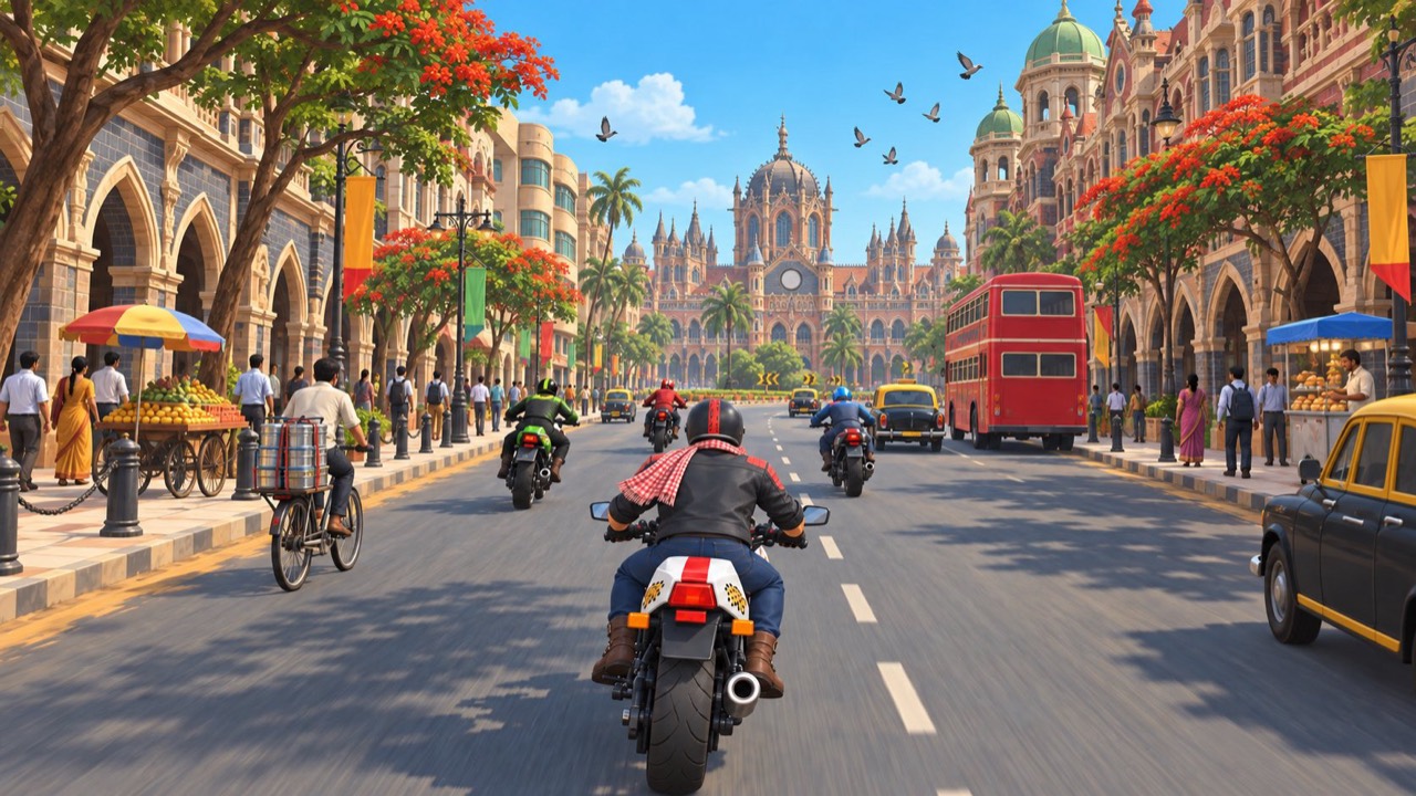 Riders speed down a Mumbai heritage street lined with gothic buildings, a red double-decker bus and a yellow-top taxi