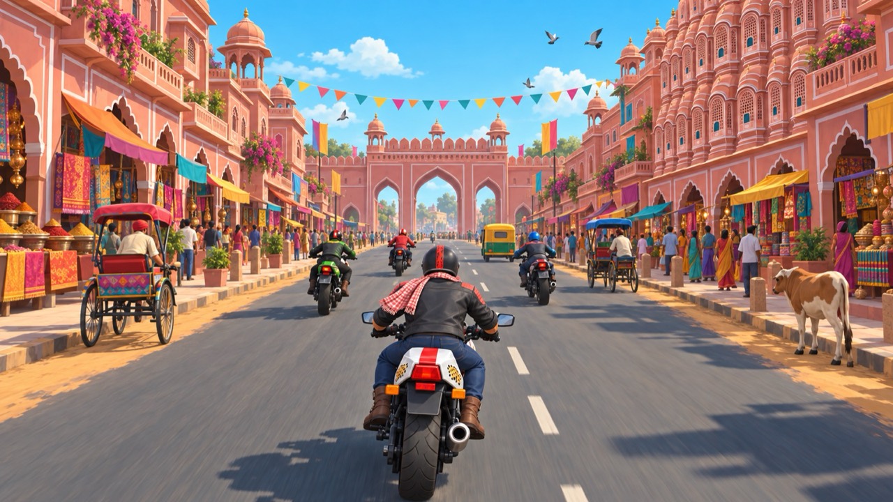 Riders race through a pink-walled Jaipur bazaar past market stalls, a cycle rickshaw and a cow