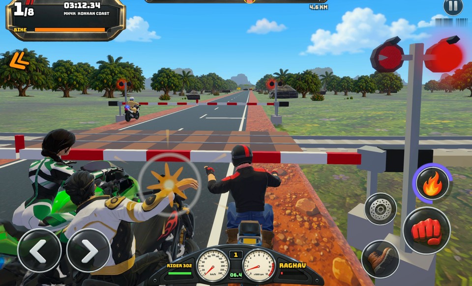 Sadak Fury gameplay screenshot: a punch at a railway level crossing as the barrier comes down and the signals flash red