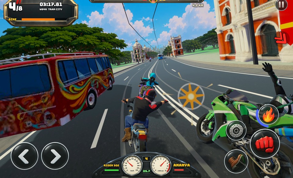 Sadak Fury gameplay screenshot: a punch lands on a rival beside a painted bus on a Kolkata road, with the race HUD and touch controls