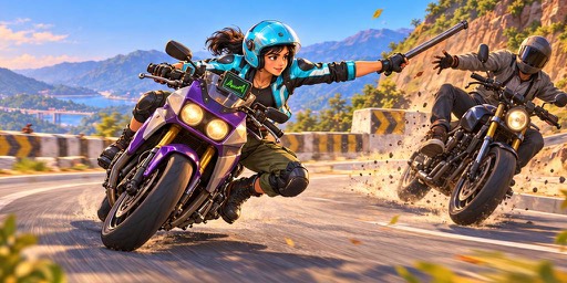 Ananya snatches a weapon from a rival mid-race on a mountain road