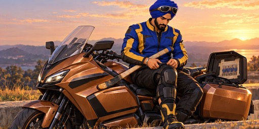 Gurjot sits on his bronze touring bike at sunset holding his hockey stick