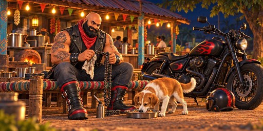 Raghav oils his chain at the dhaba while a stray dog eats beside him