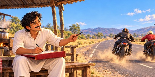 Sethji writes in his red ledger at the dhaba as riders race past