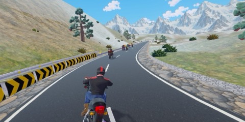 In-game: a mountain bend with chevron barriers and snowy Himalayan peaks