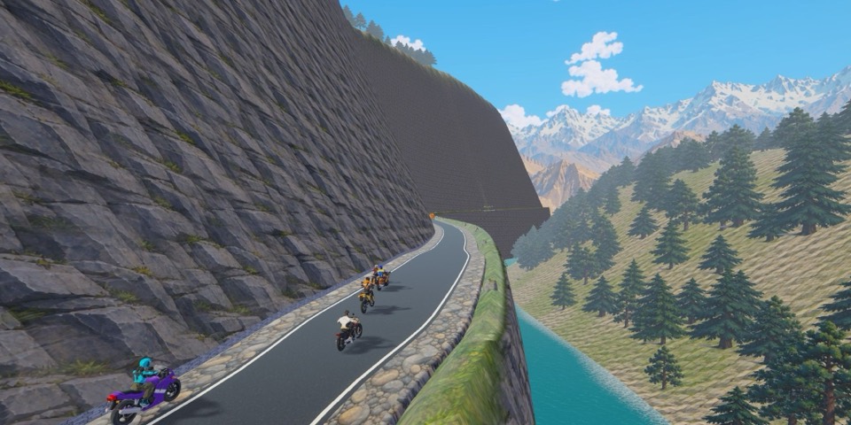 Sadak Fury screenshot: riders on a cliff road above a Himalayan river