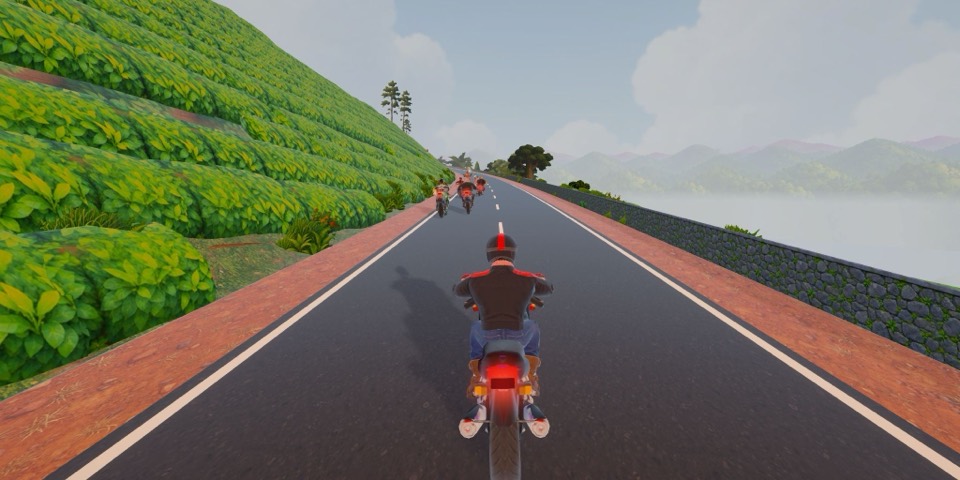 Sadak Fury screenshot: a tea estate road with the pack of riders ahead