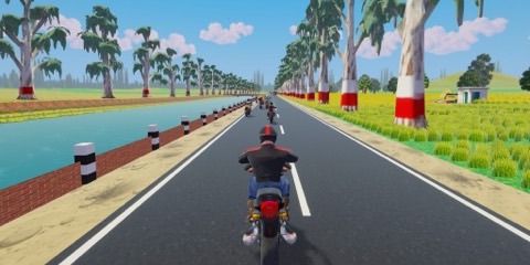 In-game: a canal road in Punjab lined with eucalyptus trees with painted trunks