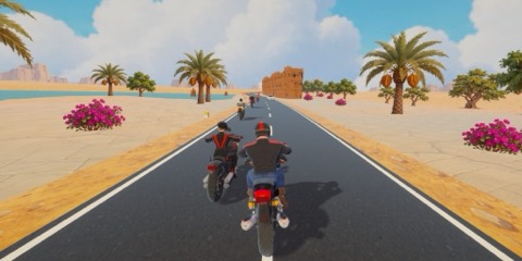 In-game: riding past date palms and bougainvillea on a Rajasthan desert road