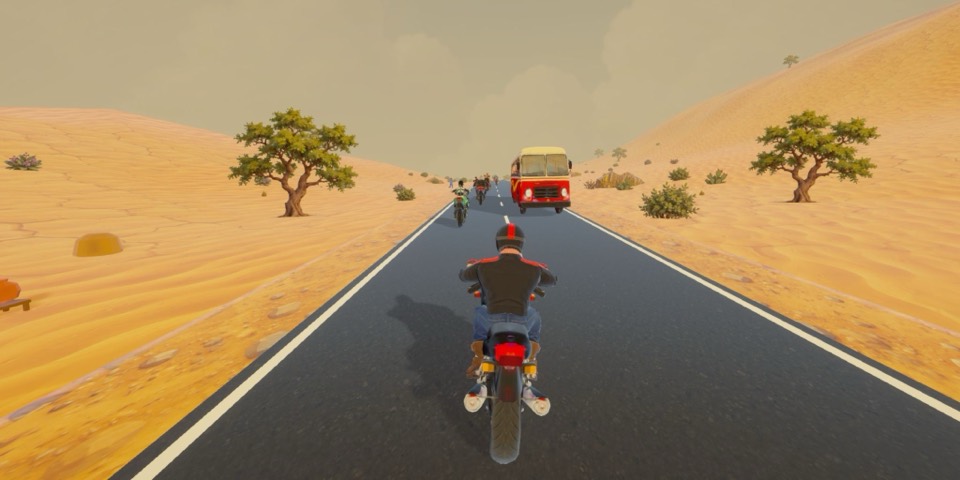 Sadak Fury screenshot: a bus coming head-on through Rajasthan sand dunes