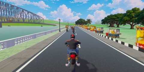 In-game: the riverside road in Kolkata with a steel truss bridge and yellow e-rickshaws
