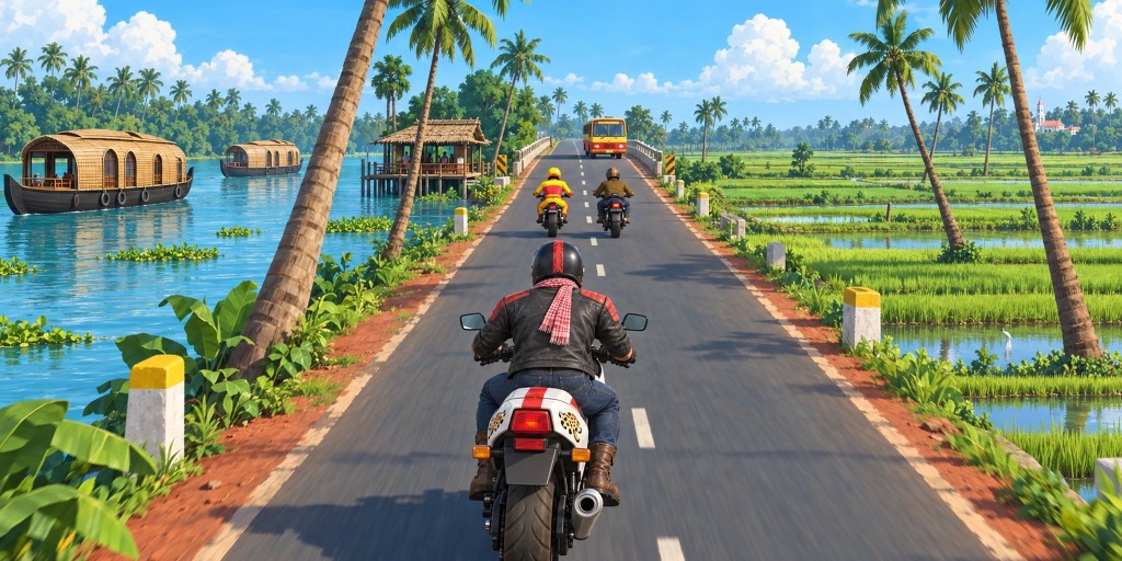 Kerala route art: a rider on a backwater road between houseboats and green paddy fields