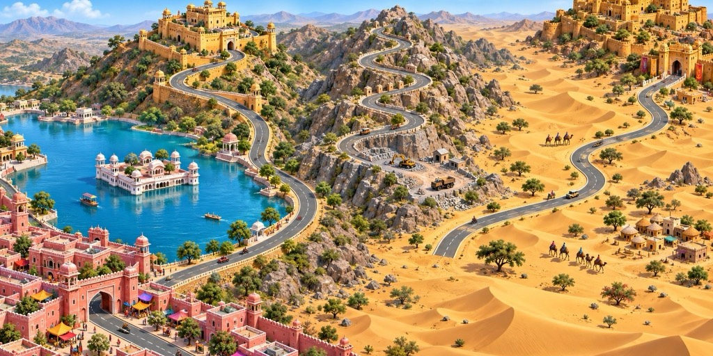 Rajasthan route map: a winding road from the pink city past a lake palace, rocky hills and desert dunes to a golden fort