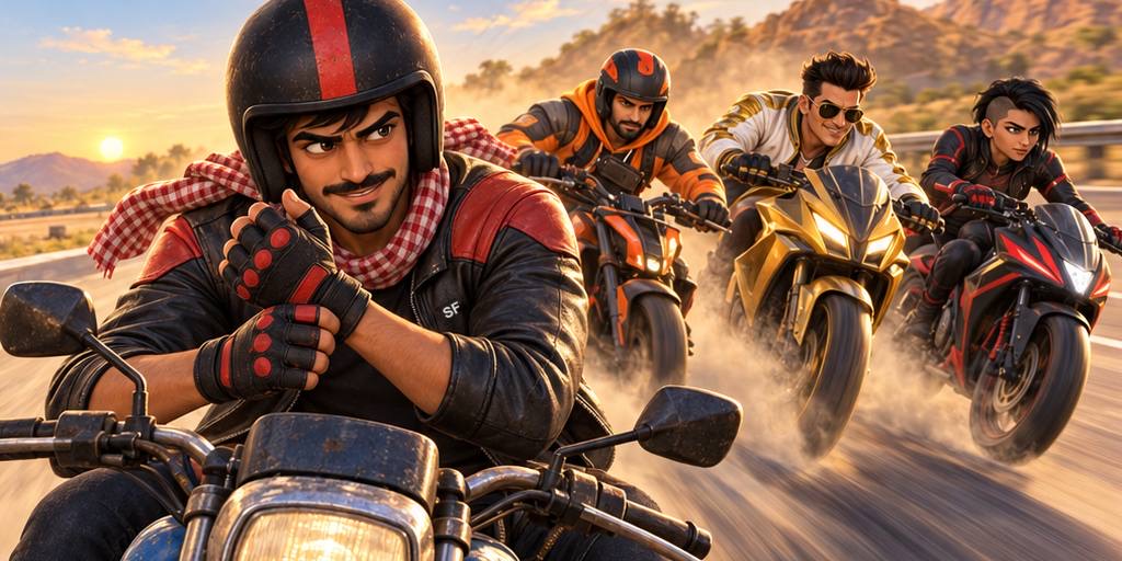 Comic panel: the hero grips his handlebars as a pack of rival riders roars up behind him